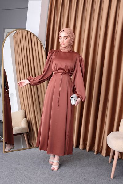 hacer ayaydın Μπαλόνι μανίκι Σατέν Hijab Oversize Piping ζωσμένο φόρεμα Hijab