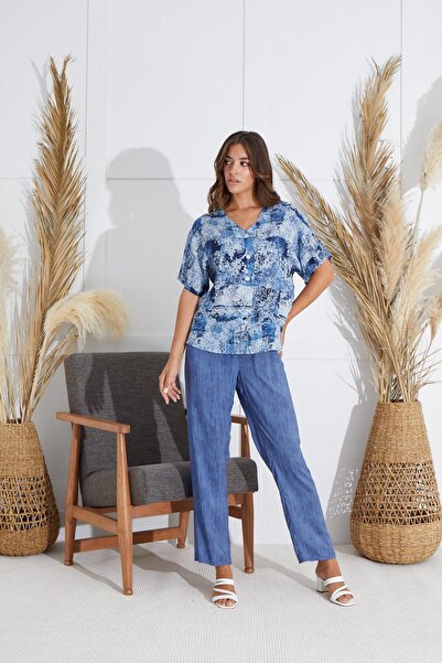 Sevim Γυναικείο κοστούμι πιτζάμες με κοντό μανίκι με κουμπιά μπλε Navy C2T5N551