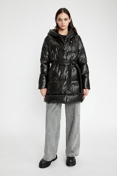 DeFacto Wasserabweisender langer Puffermantel aus Kunstleder – Parka mit Kapuze und Fleece-Gürteltasche