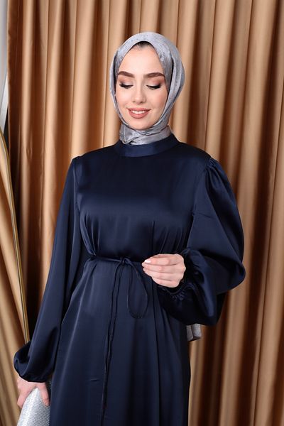 hacer ayaydın Μπαλόνι μανίκι Σατέν Hijab Oversize Piping ζωσμένο φόρεμα Hijab