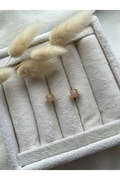 PelvedDesign Pink Quartz Stone Handmade Gold Ball Earrings