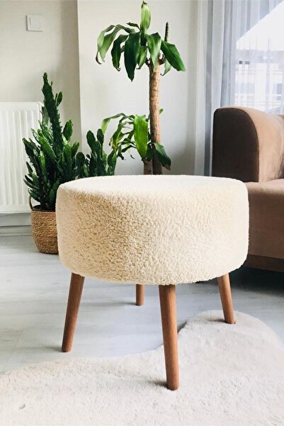 PUFANNA Gürgen Ahşap Ayak Xlarge Oturma Alanı Dekoratif Tedy Krem Kumaş Yuvar...