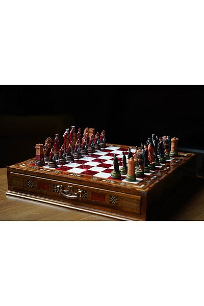 GGS GrandGiftStore Premium Mosaic Chess Set High Quality Chessboard with Drawer and Hand Painted Chess Pieces