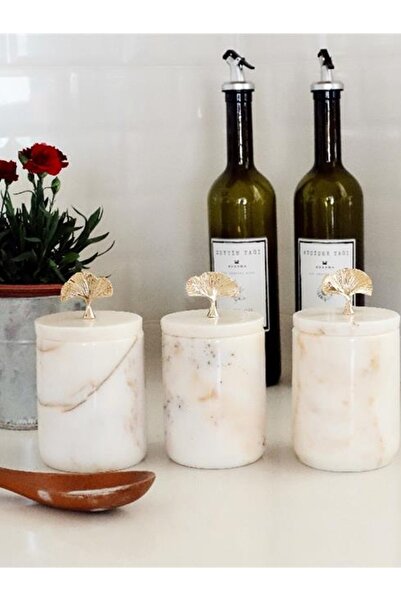 Akayev Marble White Ginkgo 3-Piece Spice Holder Set