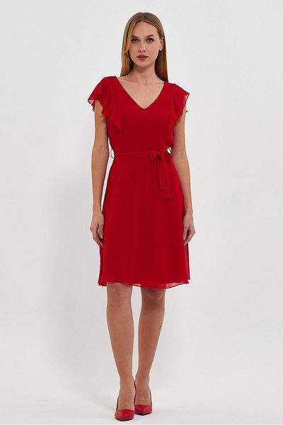 Ceylen Chiffon Front Back V Neck Shoulders Front to Back Flounced Flared Mini Dress