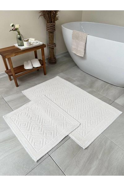 Bluenity Labyrinth Natural Cotton 2-Piece Bath Mat Set 60x100+50x60 Cm - Ecru