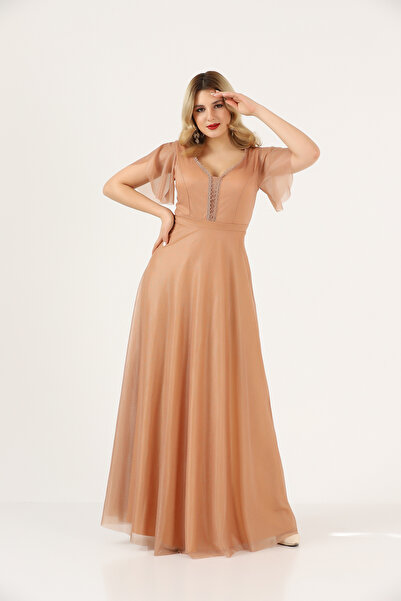 Ceylen Ασημί τούλι μπροστινό πίσω μανίκι με σχίσιμο μανίκι μακρύ φόρεμα