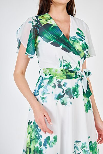 Ceylen Kruvaze Yaka Yırtmaçlı Kol Şifon Midi Kloş Elbise