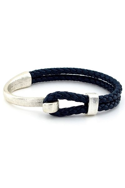 Solfera Navy Blue Knitted Leather Half Hooked Men's Bracelet M046A