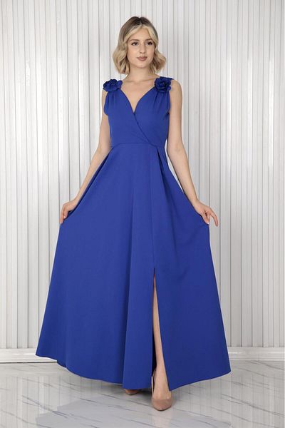 Ceylen Rochie de seară lungă, fără mâneci, cu decolteu dublu, cu detaliu de flori