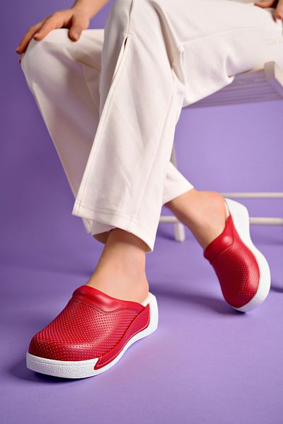 DRMOON Red Colored, Orthopedic, Genuine Leather Sabo Slippers