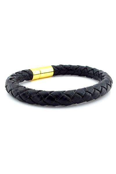Solfera Thick Black Leather Yellow Color Metal Clip Men's Bracelet M048B
