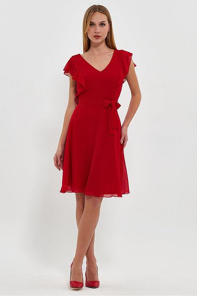 Ceylen Chiffon Front Back V Neck Shoulders Front to Back Flounced Flared Mini Dress