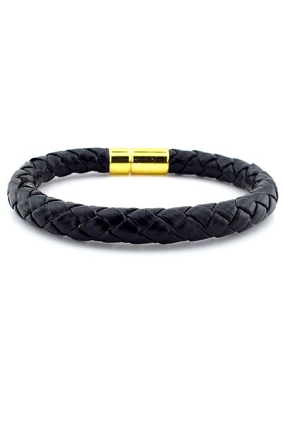 Solfera Thick Black Leather Yellow Color Metal Clip Men's Bracelet M048B