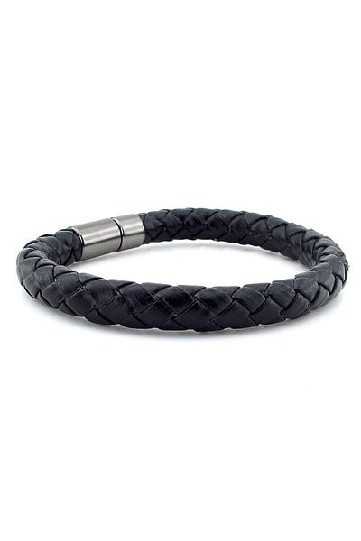 Solfera Thick Black Leather Anthracite Color Metal Clip Men's Bracelet M048C
