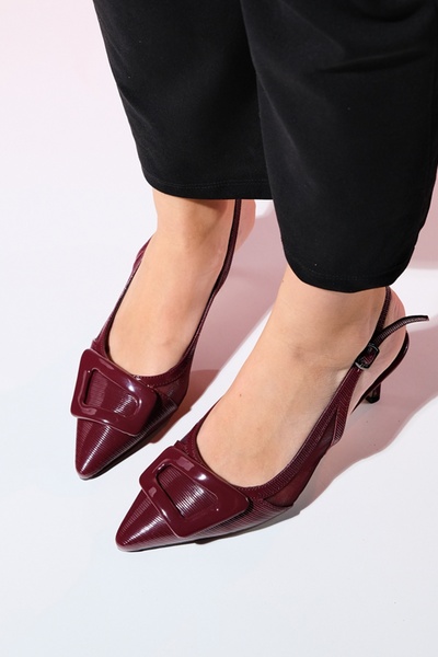 LuviShoes FOLEY Claret Red Patent Leather Striped Women's Pointed Toe Open Back Thin Heeled Shoes