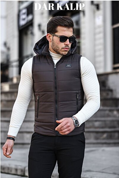 Rompasso Brown Men's Water Windproof Inflatable Padded Seasonal Spring Detachable Hood Vest Jacket Mo