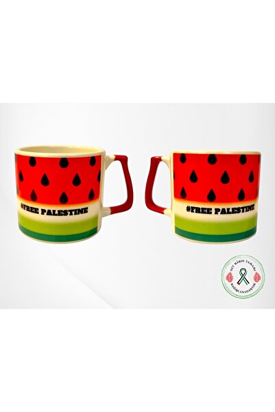 Suencu كوب سيراميك بمقبض أحمر بتصميم فلسطين ( فلسطين الحرة)