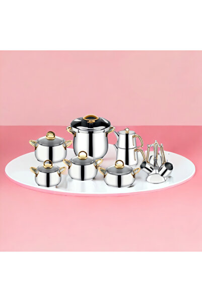 İnter Steel Hanzade Practical and Glass Cover 18 Piece Dowry Set Gold