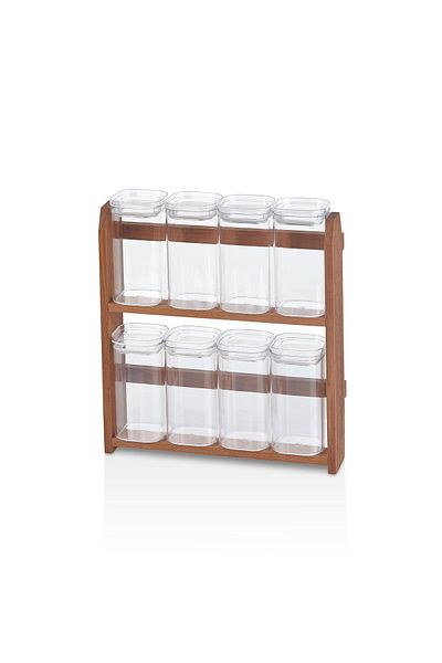 KukiWood Set of 8 Spice Dispensers with 300 ML Acrylic Jar and Wooden Stand 24 Pieces Spice Label