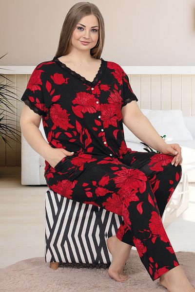 Jenny Daphne Floral pattern red short-sleeved lace collar front button viscose fabric pajama set lady-10976