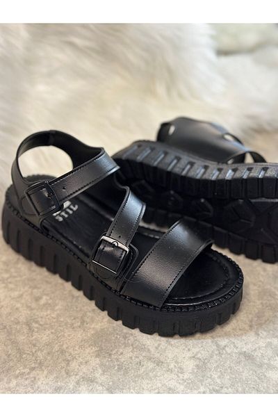 İmerShoes Sandale negre de zi cu zi pentru femei cu cataramă, tocuri înalte groase, talpă zimțată, bandă 269