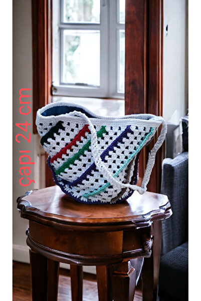 Butenin Atölyesi Hand knitted, white color, colorful striped round shoulder bag