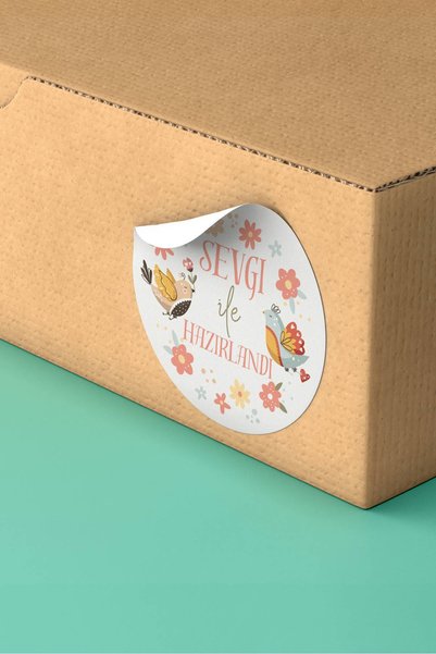 Basic Sense Sticker Çiçekli Sevgi ile Hazırlandı Yazılı Paketleme Kargo Etiketi - 3x3cm 90 Adet - ST2288