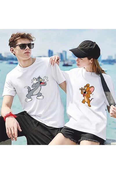 donamod مجموعة تيشيرتات بيضاء كبيرة الحجم للزوجين بتصميم توم وجيري، قطعتان