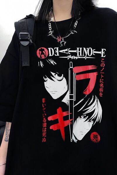 donamod Siyah Renk Death Note Baskılı Unisex Oversize Anime T-shirt