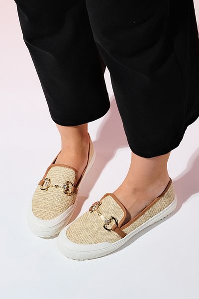 LuviShoes BARCELOS Beige Loafer mit Schnalle aus Stroh für Damen