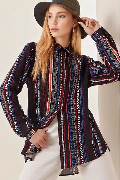 hazelin Cămașă neagră de damă din viscoză multicoloră cu model etnic HZL23W-BD137851