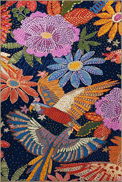 Rugs Modern Halı Lacivert Temalı Çok Renkli Floral Çiçek Desenli Kreatif Mode...