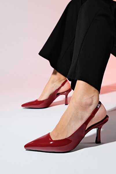 LuviShoes Dámské tenké boty na podpatku se špičatou špičkou a otevřenou zadní částí FLEM Claret Red