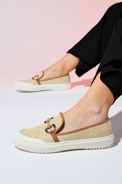 LuviShoes BARCELOS Beige Loafer mit Schnalle aus Stroh für Damen