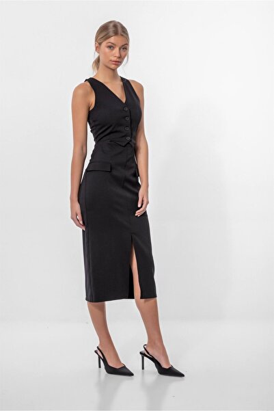 Lefon Women's Buttoned Midi Vest Dress Black