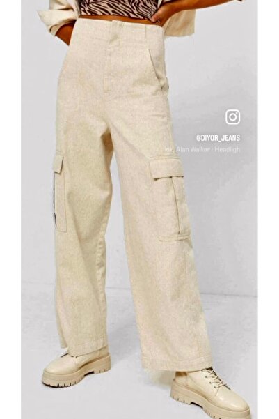 dilara kavasoğlu butik Kadın Keten Kargo Palazzo Krem Pantolon