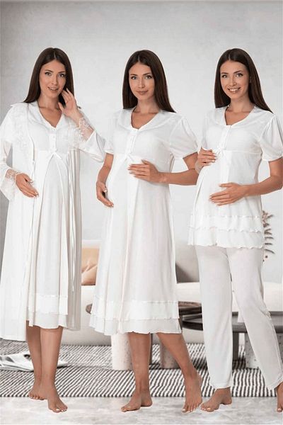 BLACKMORE Ct Moda Women - Ecru Lace Maternity and Maternity Pajamas Set and Nightgown Set of 4