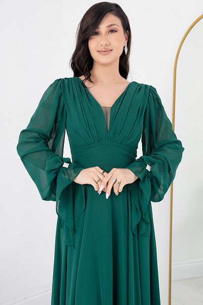 PULLIMM V-neck Jewel Detail Long Sleeve Chiffon Dress DNS1519