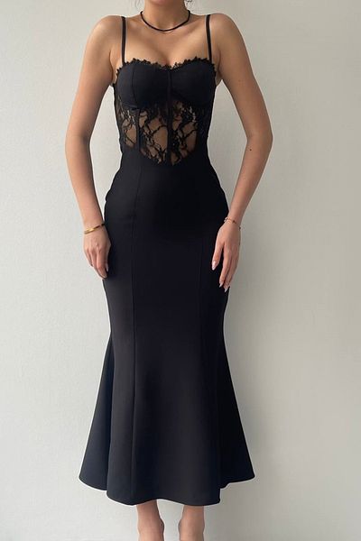 vuvutasarım Black Atlas Fabric Transparentní krajka Detailní design s nastavitelným popruhem Midi šaty 229