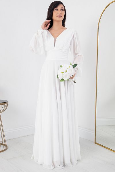 PULLIMM V-neck Jewel Detail Long Sleeve Chiffon Dress DNS1519