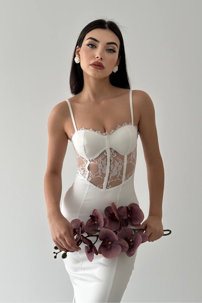 WOMAN VISION Kadın Beyaz Atlas Kumaş Transparan Dantel Detay Ayarlanabilir Askılı Tasarım Midi Elbise 229