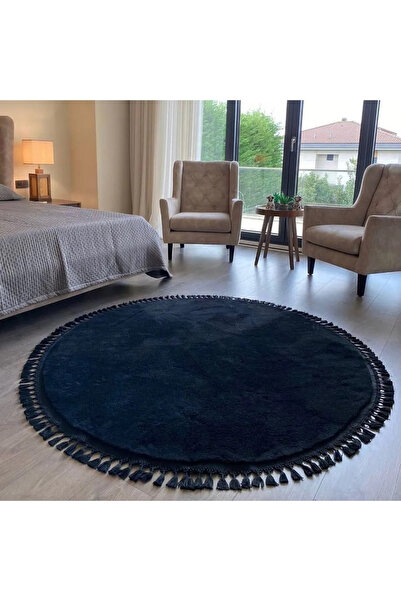 LİNOS HOME Mavi Fluffy Düğüm Saçaklı Yuvarlak Post Peluş Halı Antibakteriyel ...