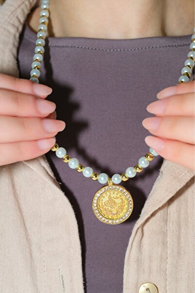 aytekgold Dorica Toplu İncili Tuğralı Kolye