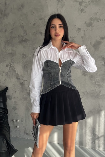 FEMELLE Women's Anthracite Denim Detailed Zippered Crop Shirt