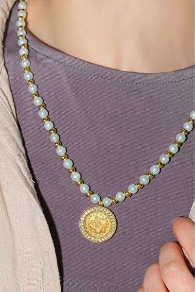 aytekgold Dorica Toplu İncili Tuğralı Kolye