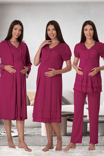 BLACKMORE Ct Moda Fuchsia Women's Pajamas Set - Lace, Pregnant and Maternity Dressing Gown, Set of 4