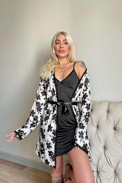 Pijamaevi Black Svila Exclusive Knitted Nightgown Women's Pajamas Set with Dressing Gown