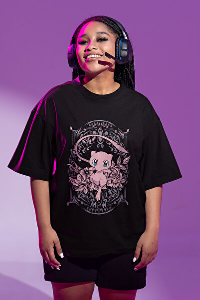 Fuddy Moda Tricou unisex oversize cu imprimeu Mew, tricou negru cu imprimeu P...