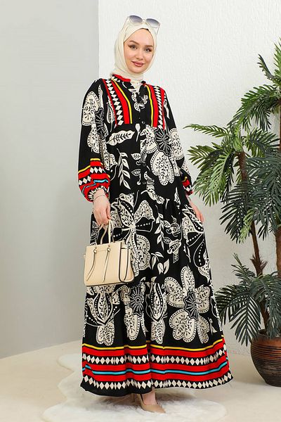 MODAQU Colorful Placket Floral Patterned Viscose Dress Black